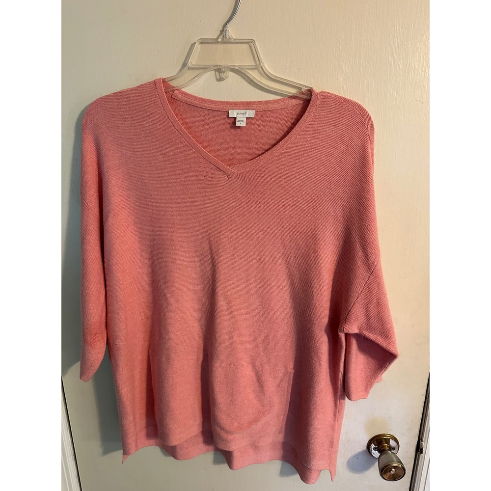 Pure‎ Jill Pink V-Neck Cotton Silk Wool Blend Sweater Kangaroo Pocket Small
